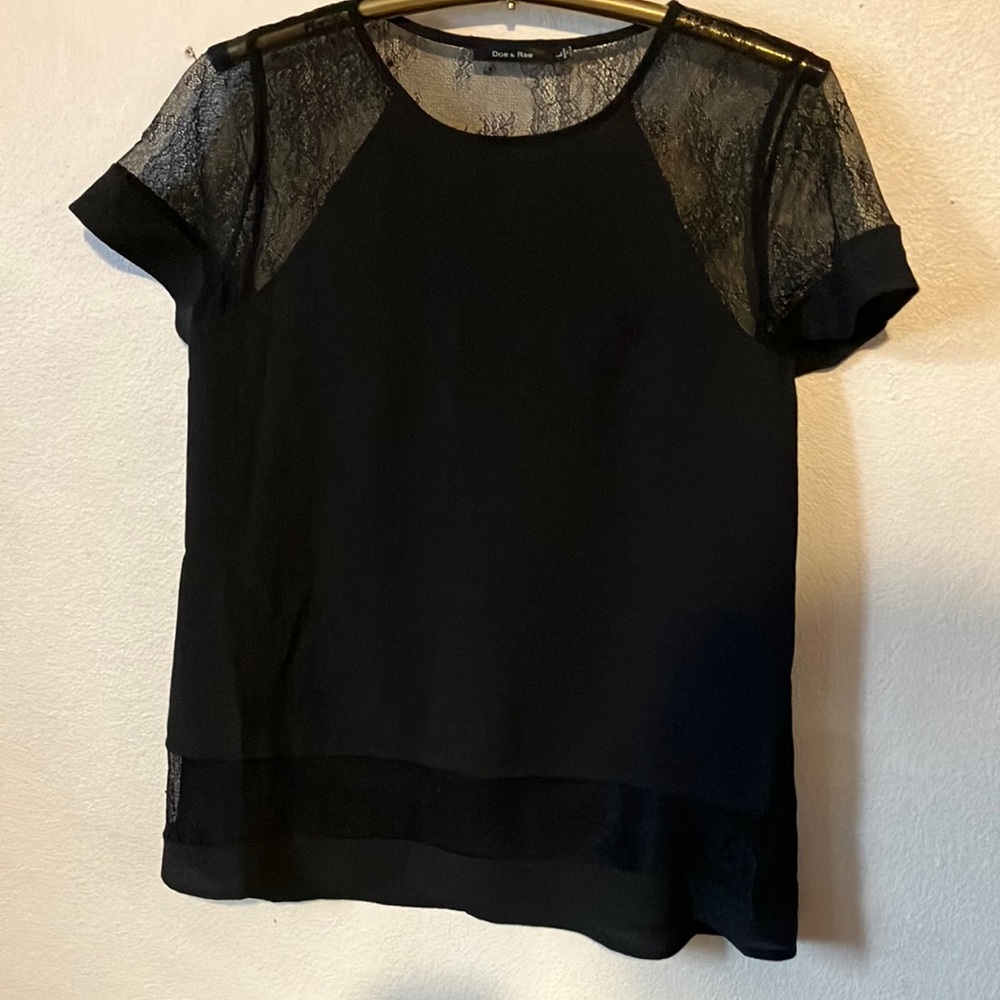 Doe & Rae Black Short Sleeve Blouse with Sheer Lace Shoulders and Accents